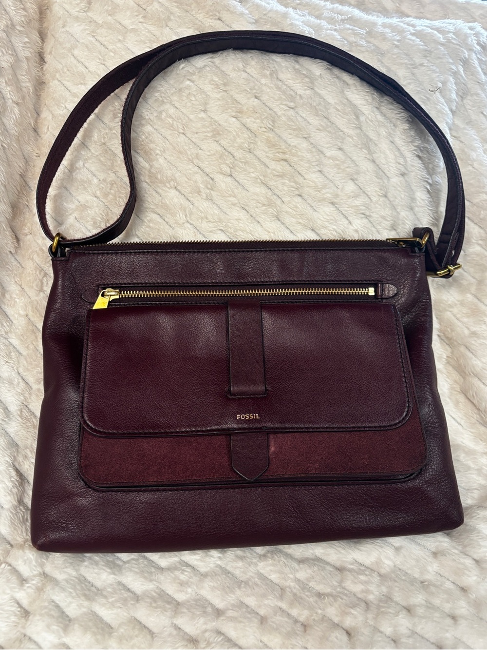 Fossil Burgundy Leather Crossbody Bag Suede Pocket Gold Hardware